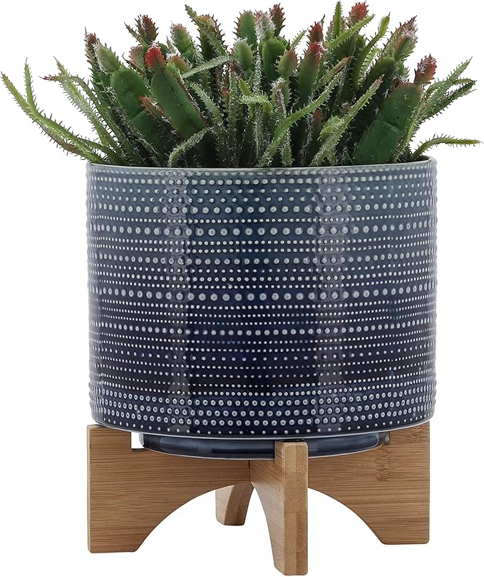 Sagebrook Home Textured Ceramic Planter with Wood Stand, Elevated Indoor/Outdoor Planter, Blue with Gray Dots, 8 L x 8 W x 10 H