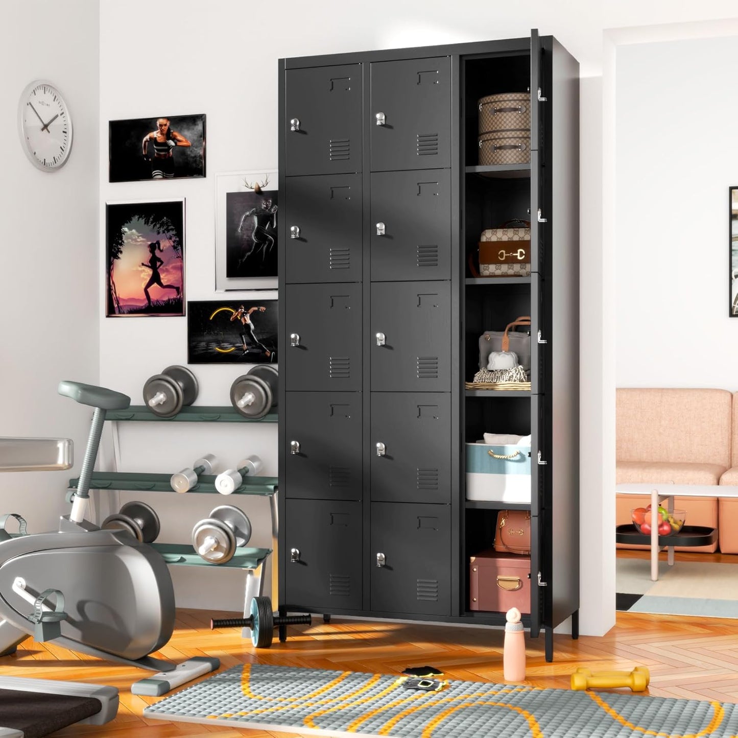 Metal Lockers for Employees, Storage Employee Locker, 72" Storage Lockers with Shelves Steel Cabinet for Home (Black, 15 Door)