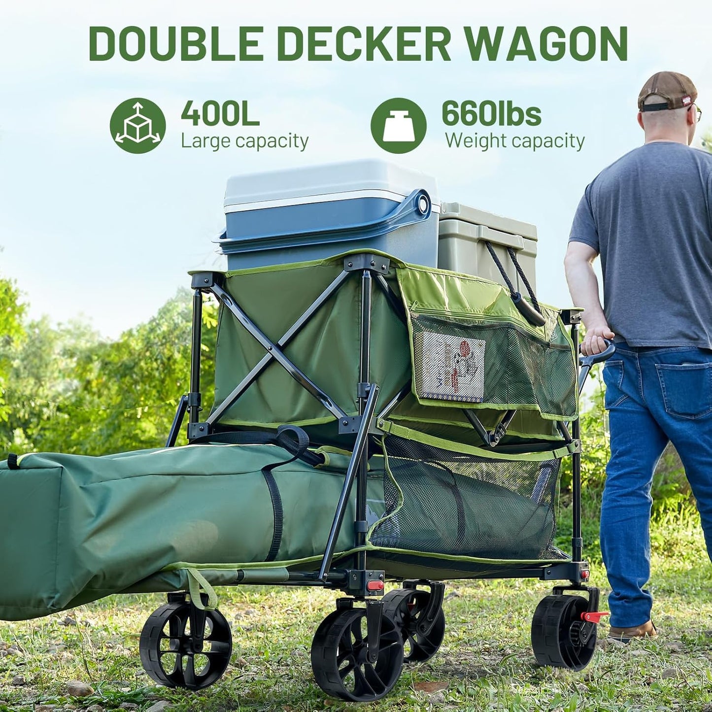 TIMBER RIDGE 400L Large Capacity Folding Double Decker Wagon with Brakes, 54" Extra Long Extender Wagon Cart, 660lbs Heavy Duty Collapsible Cart, All-Terrain Big Wheels for Camping, Sports, Shopping