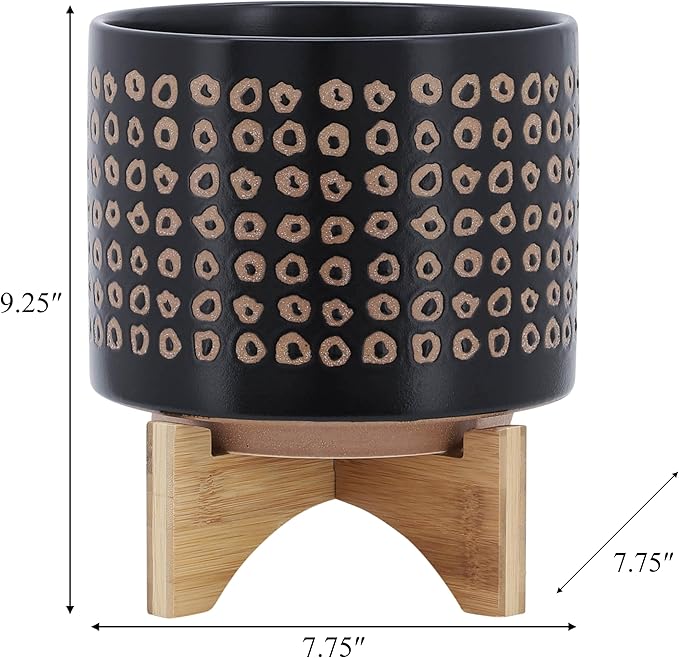 Sagebook Home 9.25" H 8" Diameter Natural Sand and Deep Brown Glazed Ceramic Dotted Planter on Brown Rubberwood Stand for Indoor and Outdoor Decorating
