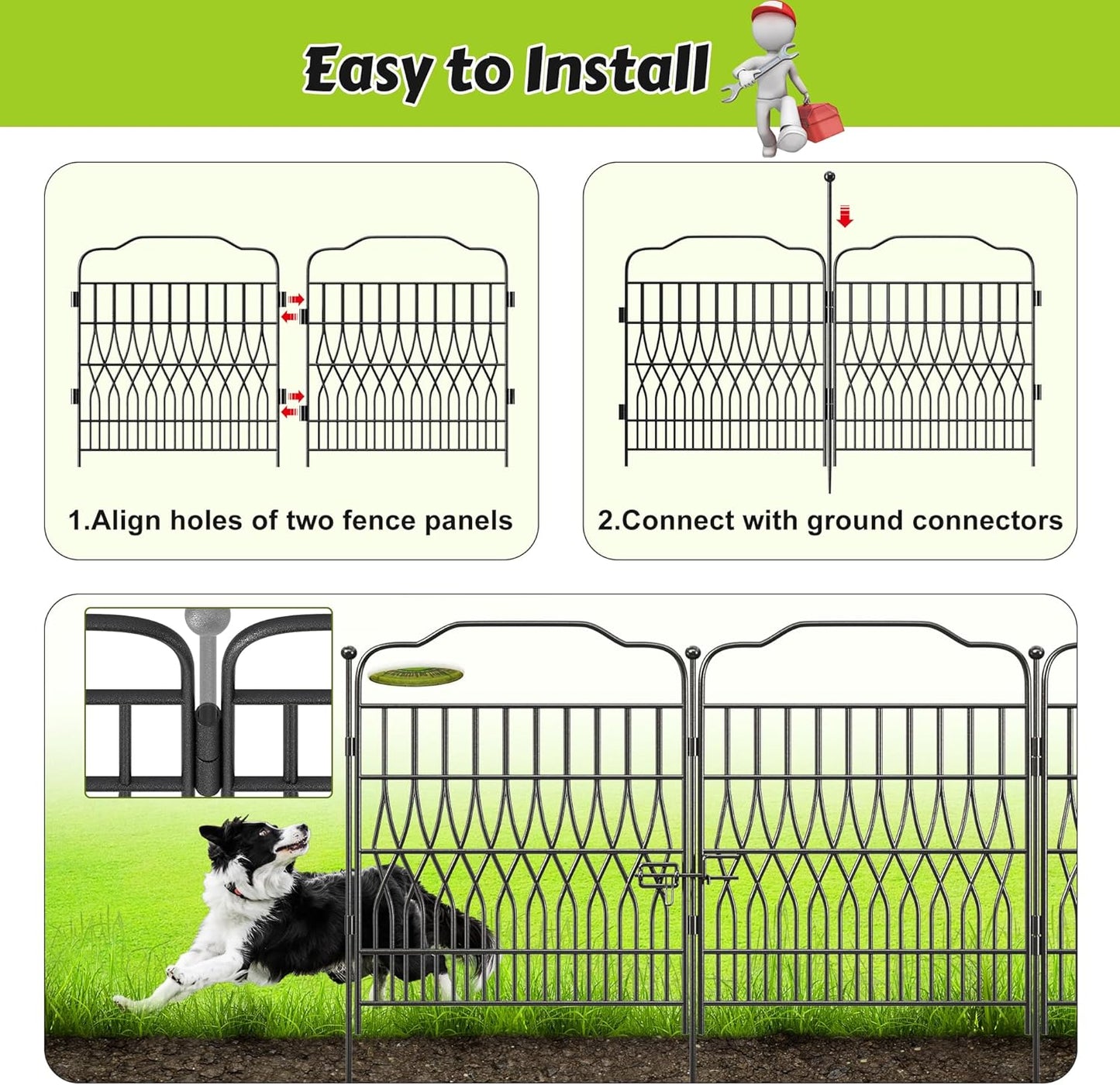 Bepatio 5 Panels Tall Garden Fence with Latch, 43.3in (H) x 14.8ft (L) Dog Fence Outdoor for Yard, Arc Metal Fencing Panels, Animal Barrier Fencing for Outdoor, Patio, Flower Bed