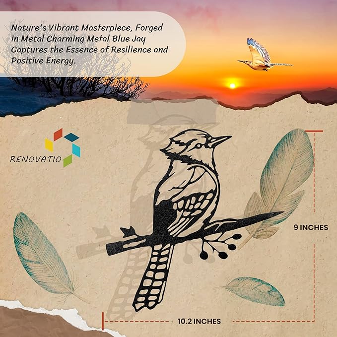 Renovatio Metal Bird Decor – Rustic Bluejay Decoration, Metal Garden Sculpture, Outdoor Tree Ornaments – A Unique Outdoor Yard Decor – Bluejay (Black)