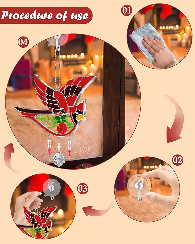 KY&BOSAM Best Friend Forever Cardinal Suncatcher Gifts for Friend Hand-Painted Garden Ornament Hanging Wind Chime with Pressed Flower Cardinal Embedded in Glass Mother`s Day Birthday Christmas