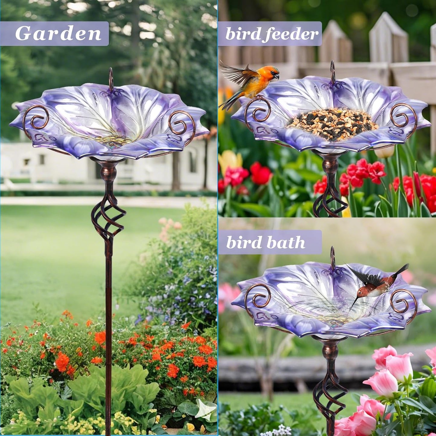 VCUTEKA Glass Bird Bath Outdoor BirdBath Bird Feeder with Metal Stake Garden Decor, Purple
