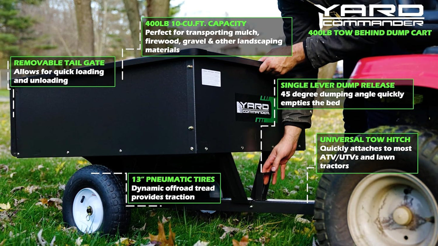 Yard Commander - 400LB Heavy Duty Tow Behind ATV Trailer Steel Dump Cart - 10-Cubic Feet Capacity - Garden Utility Trailer - Trailers with Removable Tailgate for Riding Lawn Mower Tractor
