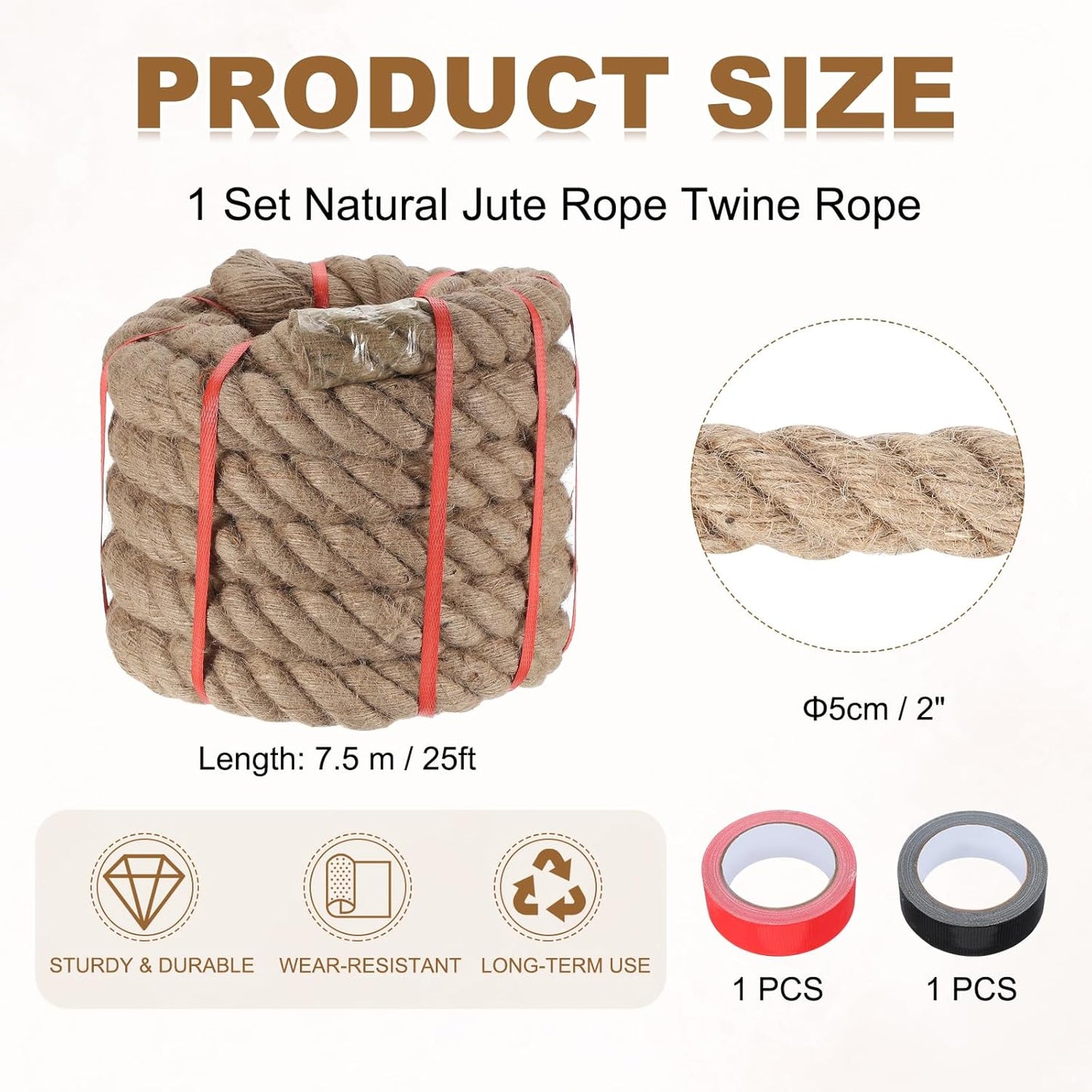 MECCANIXITY Jute Rope 2 Inch x 25ft, Thick Twine Rope Ropes Braided Jute Twine Natural Brown Burlap Cord String Heavy Twisted with Tapes for Decorative Crafts Railing Swing Tug of War