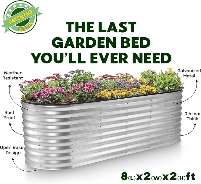 Galvanized Raised Garden Beds Outdoor // 8×2×2 ft Planter Raised Beds for Gardening, Vegetables, Flowers // Large Metal Garden Box (Silver) // Patented Tool-Free Design