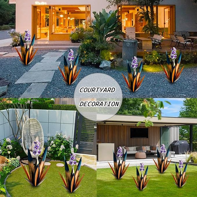 Jesokiibo Tequila Rustic Sculpture DIY Metal Agave Plant Home Decor Rustic Hand Painted Metal Agave Garden Ornaments Outdoor Decor Figurines Home Yard Decorations Stakes Lawn Ornaments (Blue 2PCS)