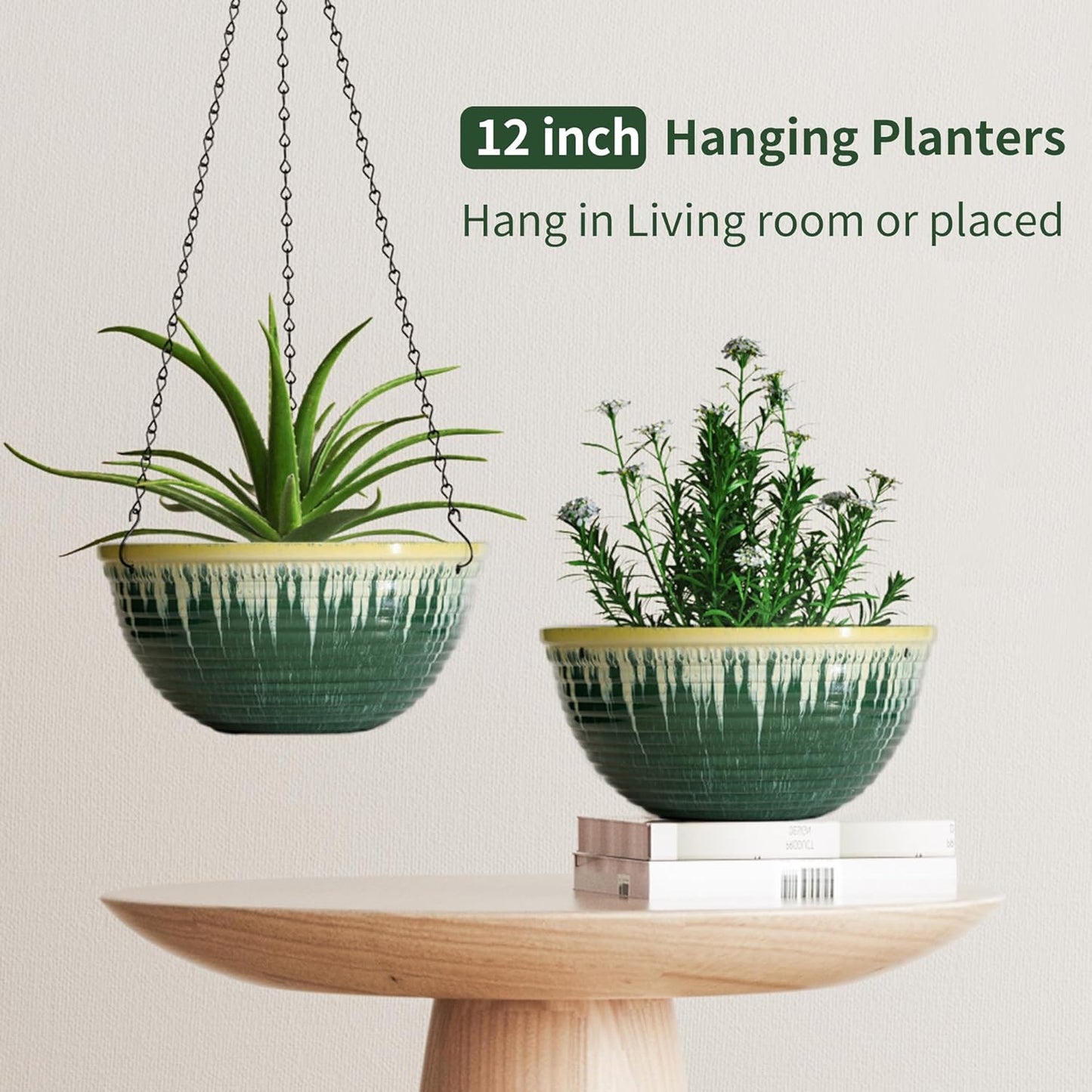 12 inch Large Hanging Planters for Indoor Outdoor Plants, Set of 2 Glazed Hanging Flower Pots with Drainage Hole, Hanging Baskets for Garden Home Porch Decor