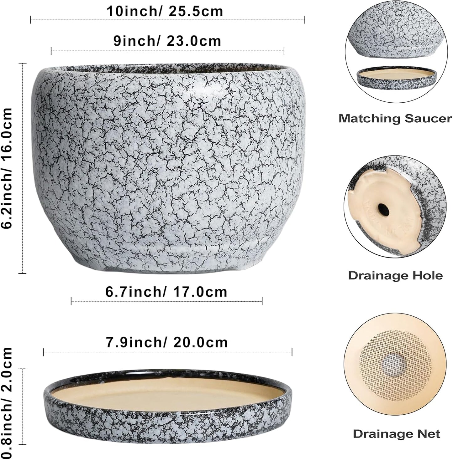 SQOWL Ceramic Planters - 10 Inch Ceramic Flower Pot with Drainage Hole and Saucer, Decorative Plant Pot Indoor, Round Large Planter Outdoor, Bathroom Decor, Gifts for Plant Lovers, Black and White