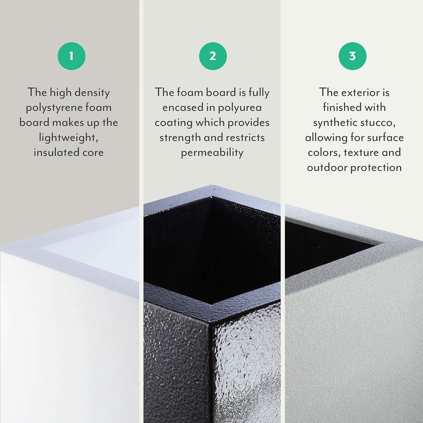 PolyStone Milan Tall Modern Outdoor/Indoor Rectangular Trough Planter, 46" W x 19" H, Lightweight, Heavy Duty, Weather Resistant, Polymer Finish, Commercial and Residential (White Granite)