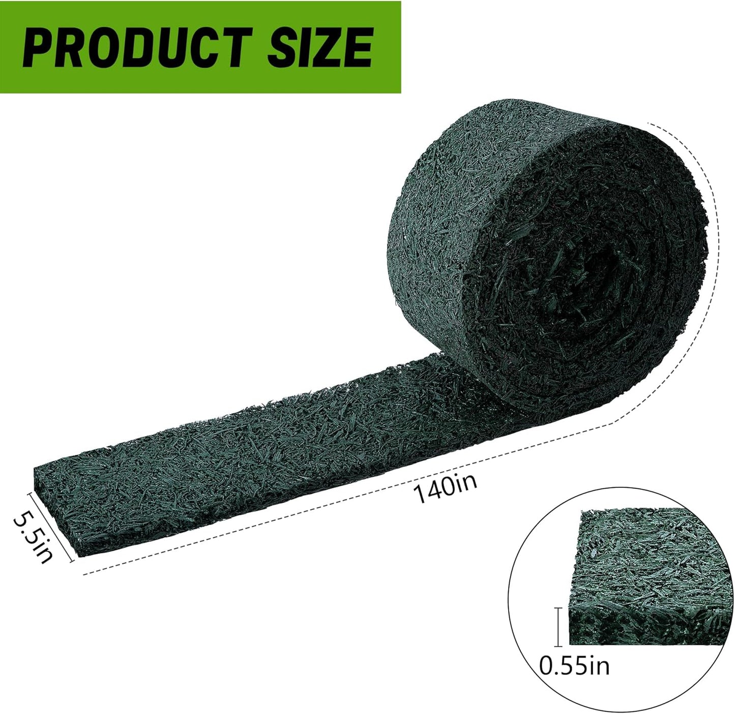 DECOHS 140" x 5.5" Recycled Rubber Mulch Mat Roll for Landscaping, Permanent Garden Pathway Mulch Barrier, Rubber Mulch Walkway Pathway Mat for Plants, Vegetable and Flower Outdoor (Green)