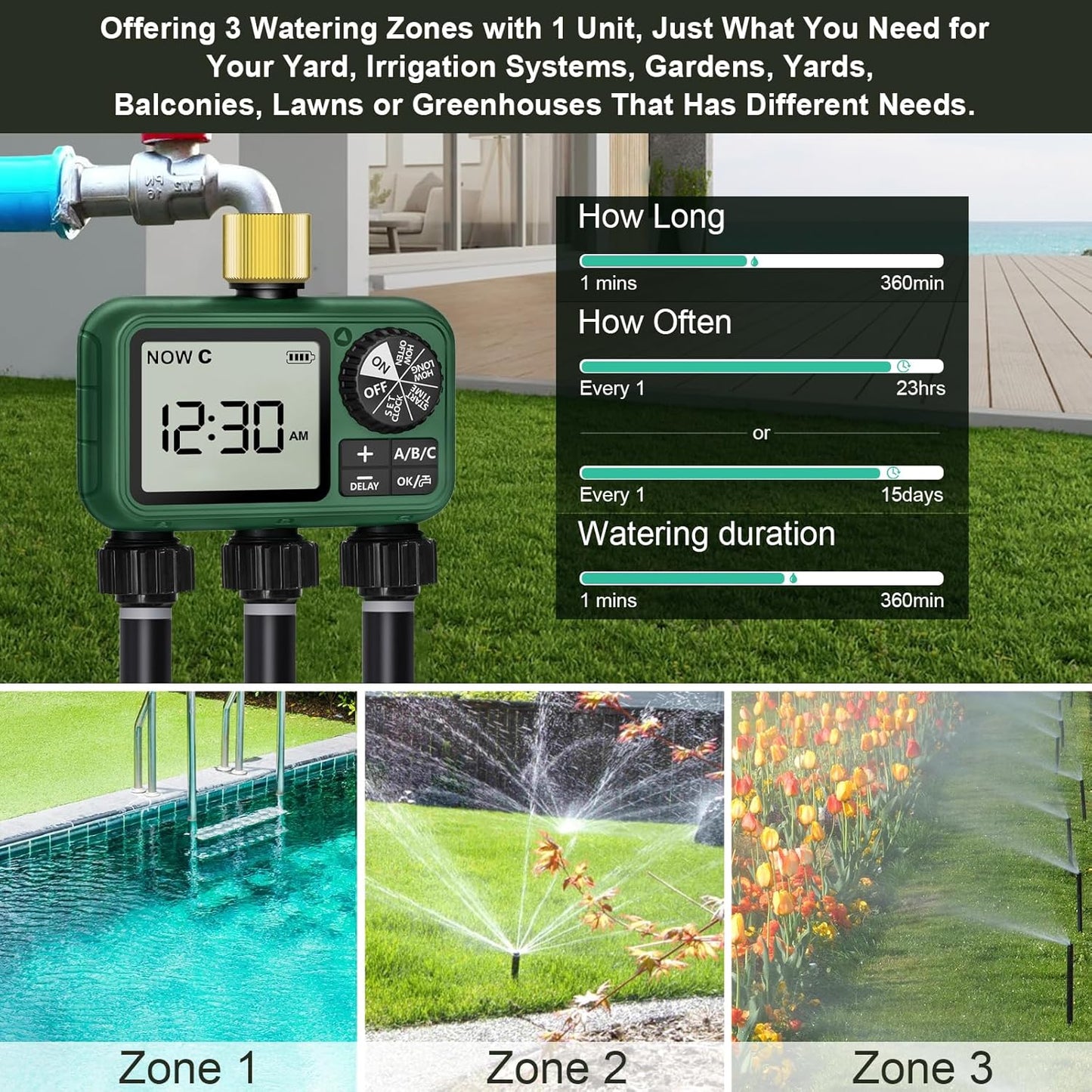 3 Outlet Sprinkler Timer Brass, Programmable Garden Hose Timer with Rain Delay, Manual& Automatic Watering System, Waterproof Gardening Supplies Irrigation Controller for 3 Separate Water Zones