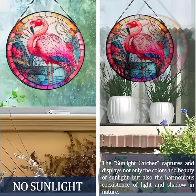 RIVEENY Flamingos Sun Catcher Stained Glass,8" Flamingos Gifts for Women,Stained Glass Window Hanging,Red Birds Sun Catchers for Windows, Hand Painted Glass for Birds Lover
