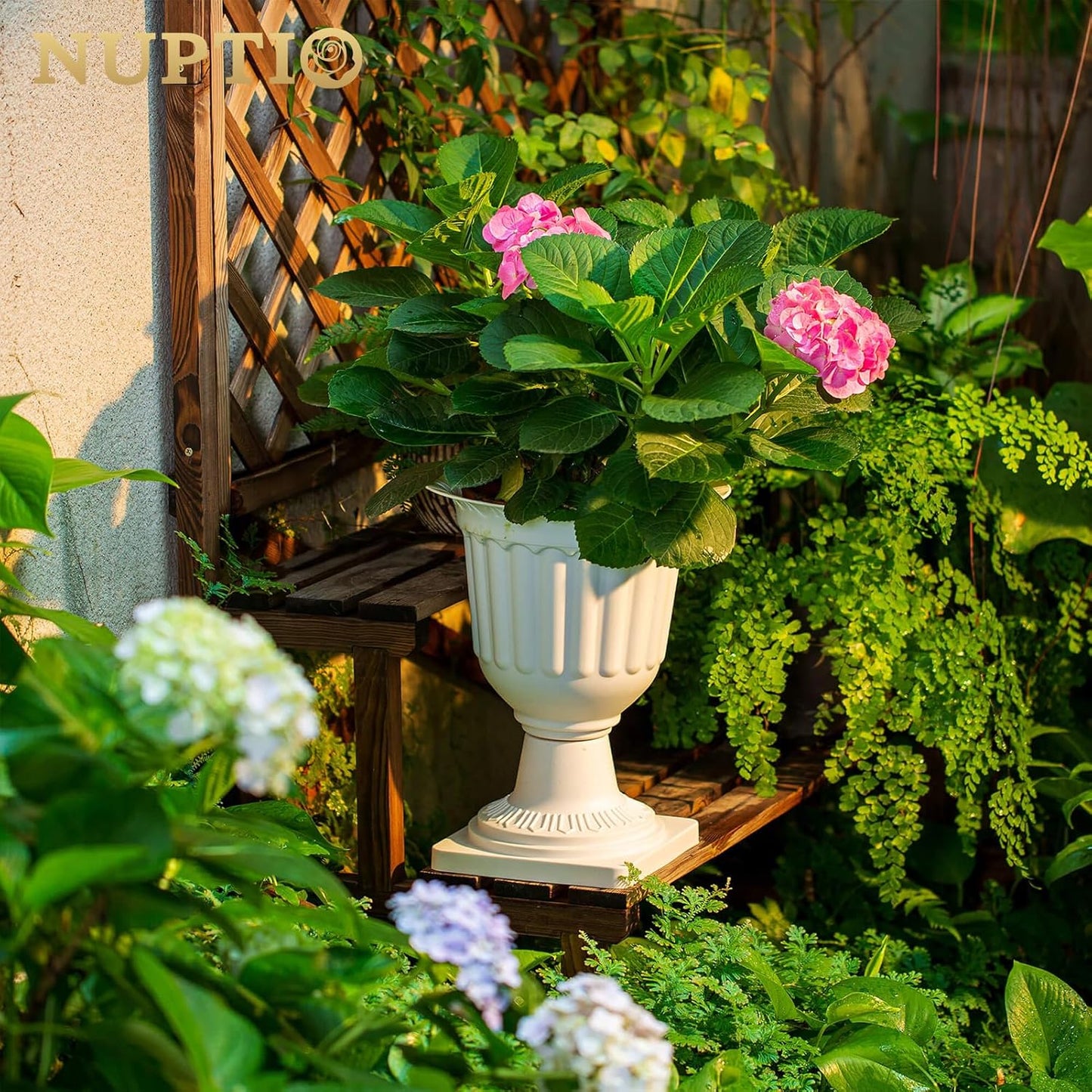 NUPTIO 2 Pcs Classic Urn Planter, 13.98 inch Plastic Outdoor Urn, Tall Pedestal Plastic Planter, Flower Pot for Garden Front Porch Door