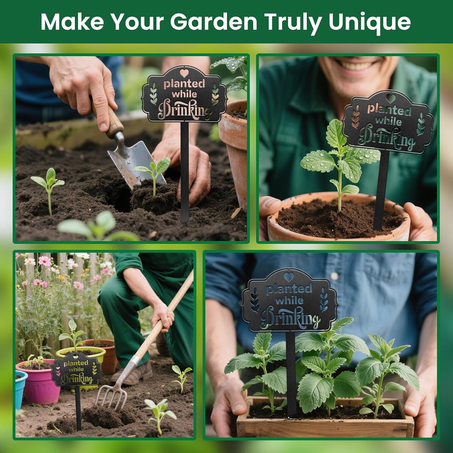 CUTHOLLOW Metal Plant Marker Stake Planted While Drinking for Outdoor Indoor, Waterproof 11.8 inch Cute Garden Plant Labels Sign Tag for Vegetables, Farmhouse Greenhouse Decor - Funny Gardening Gifts