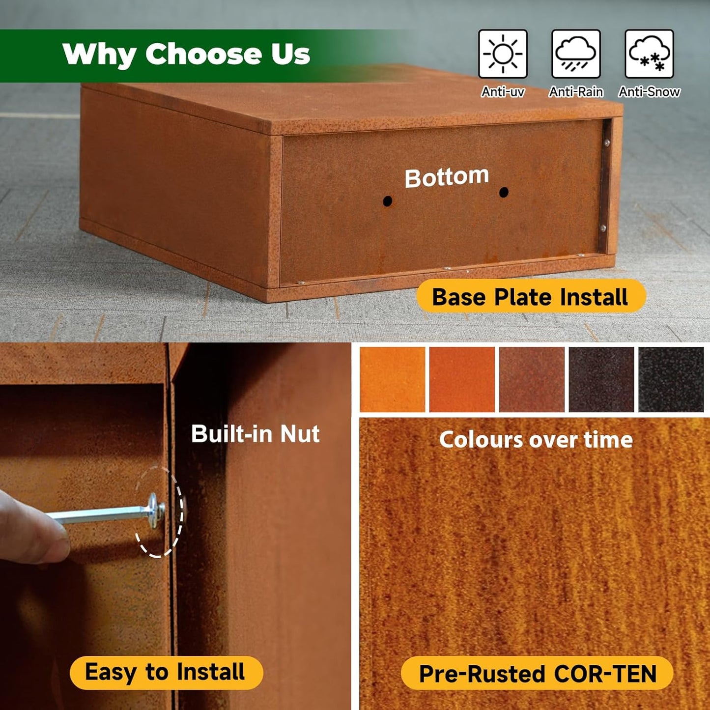 Galvanized Steel Metallic Heavy Planter for Outdoor Plants Metal Outdoor Planter Spliced Flower Box with Partitions for Outside,Indoor,Garden (Corten, 36 * 15 * 24)