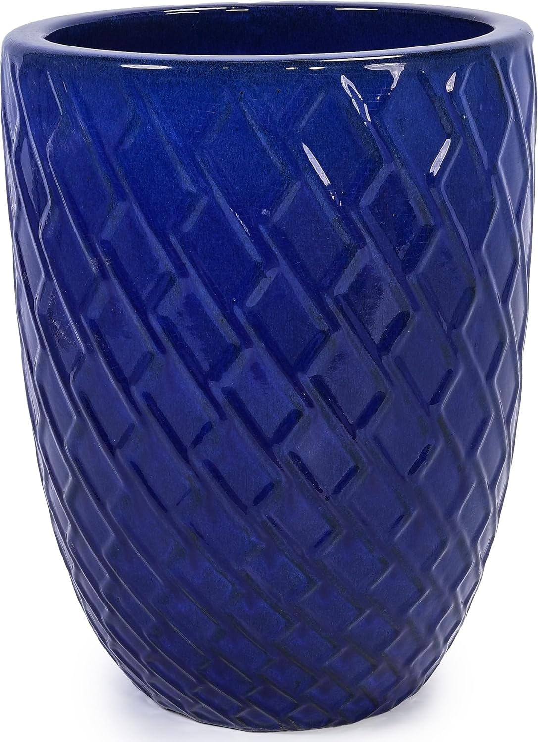 Large Ceramic Planter Pot 21 Inch, Tall Plante Pots Decorative Flower Pot with Diamond Textured Pattern and Drainage for Indoor Outdoor Plants (Dark Blue)
