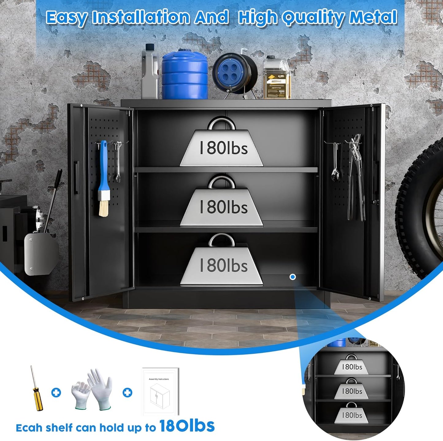 Metal Storage Cabinet, Garage Storage Cabinet with 2 Lockable Doors and 2 Adjustable Shelves, Steel File Cabinets with Lock and Pegboard for Home, School, Office, Garage, Black