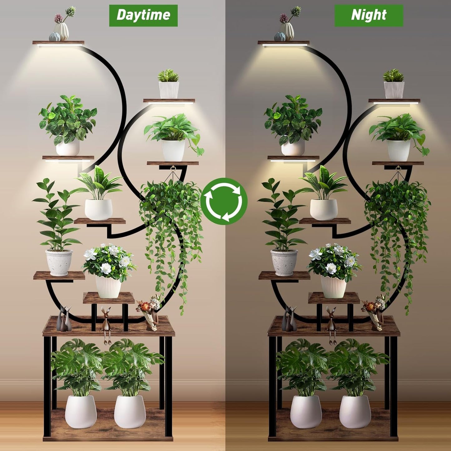Plant Stand Indoor with Grow Lights, 9 Tiered Indoor Plant Shelf, 62.2" Lighted Corner Plant Stands for Indoor Growing, Metal Large Plant Flower Holder, S-Shaped Plant Rack for Home, Patio, Living Room, Balcony, Black