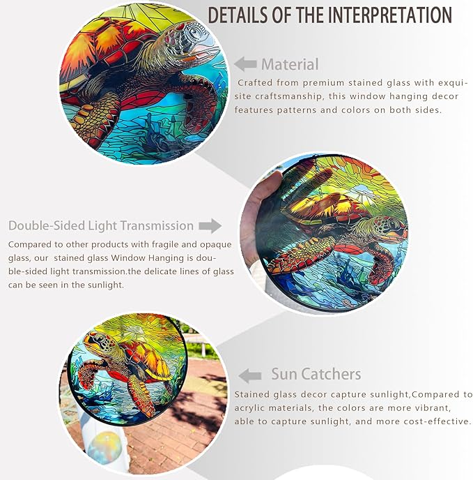 RIVEENY Sea Turtle Glass Window Hanging,8" Sea Turtle Decor Sun Catchers,Stained Glass Sun Catcher Hanging Decoration with Metal Chain,Sun Catchers for Window Decor Outdoor Garden Decor