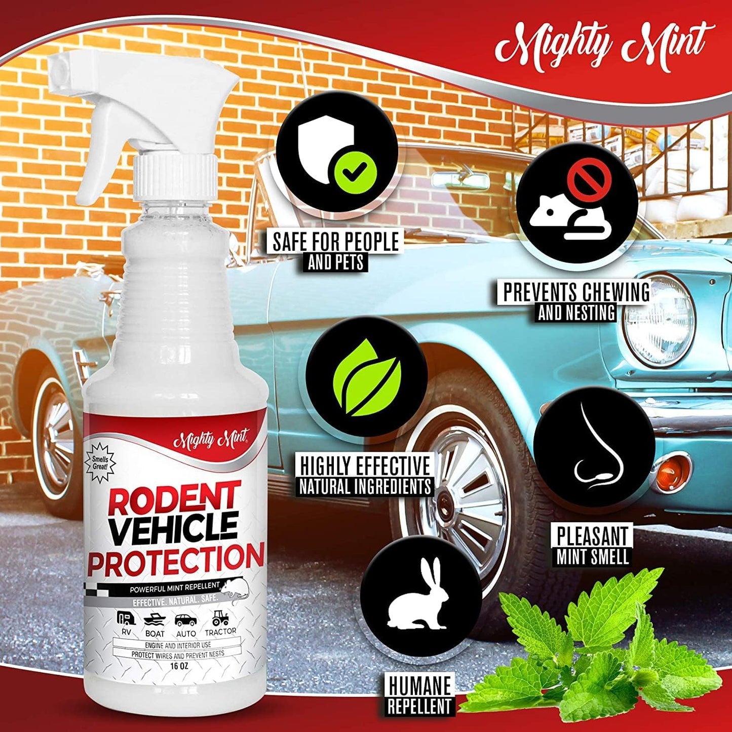 Mighty Mint Peppermint Oil Rodent Repellent Spray for Vehicles – Natural Mouse & Rat Control for Car Engines, RVs, Trucks & Boats – Plant-Based, Extra-Strong Formula – 16 oz