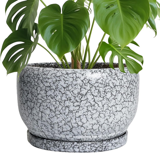 SQOWL Ceramic Planters - 10 Inch Ceramic Flower Pot with Drainage Hole and Saucer, Decorative Plant Pot Indoor, Round Large Planter Outdoor, Bathroom Decor, Gifts for Plant Lovers, Black and White