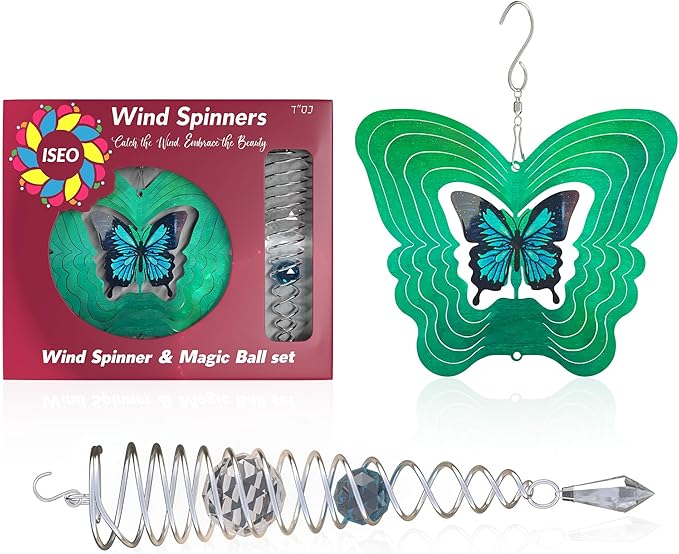 ISEO Butterfly Wind Spinner and Gazing Ball Set, Metal Wind Spinner Garden Decor, Hanging Garden Decorations, Weather-Resistant Outdoor Wind Spinners, 6.5" Spinner Garden Décor