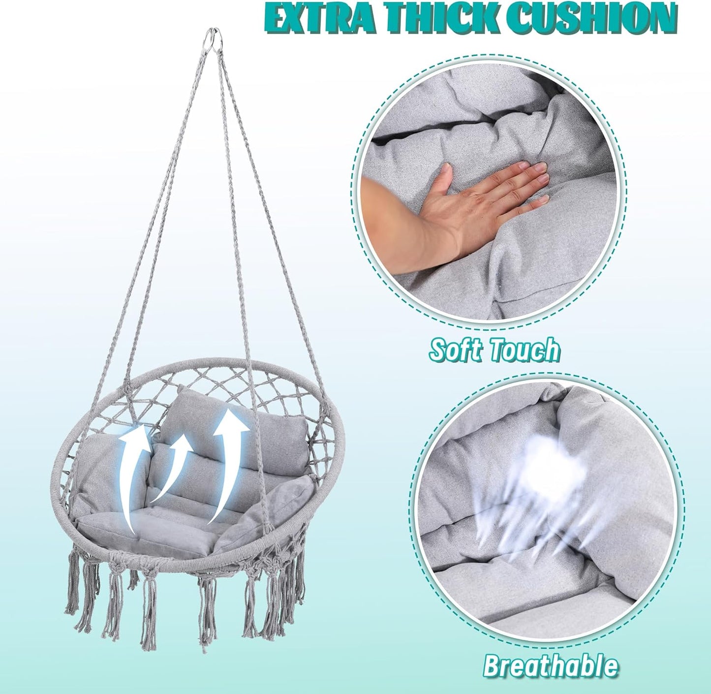 Macrame Hammock Hanging Swinging Chair with Medium Cushion, Perfect for Bedroom, Porch, Adults, Balcony, Grey