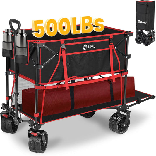 400L Large Capacity Folding Double Decker Wagon with Brakes, 48" Extra Long Extender Cart, 500lbs Heavy Duty Collapsible Wagons, All-Terrain Big Wheels for Camping, Sports, Shopping. Red&Black