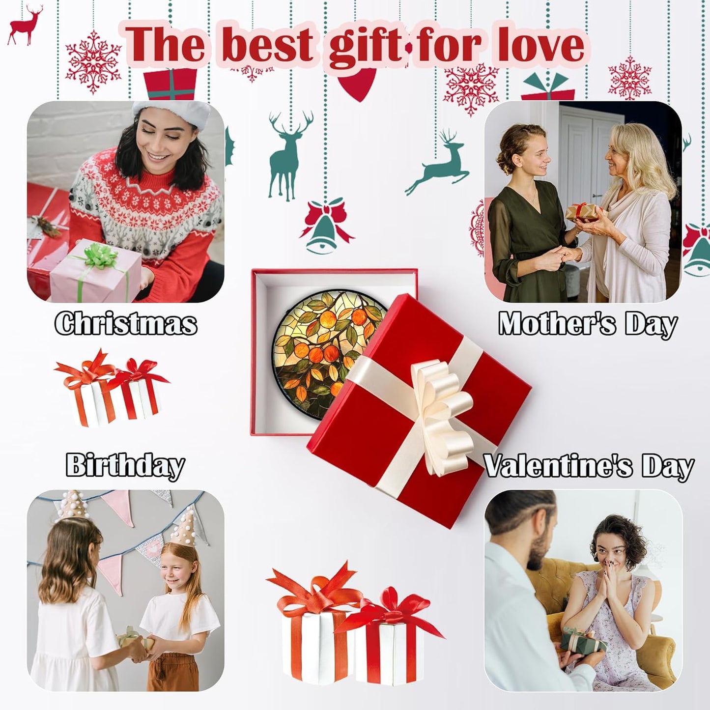 Stained Glass Suncatcher, Orange Green Fruit Tree Sun Catcher Landscape Stain Glass Window Hanging Decoration Mother's Day Birthday Gifts for Women Men Mom Nana 15 in