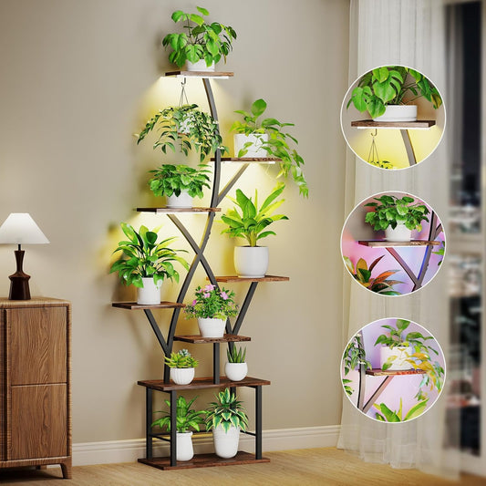 Plant Stand Indoor with Grow Lights 64" Tall Plant Shelf Corner Lighted Plant Stands for Indoor Growing Multiple Metal 8 Tiered Large S-Shape Flower Plant Rack for Home Decor Patio Balcony
