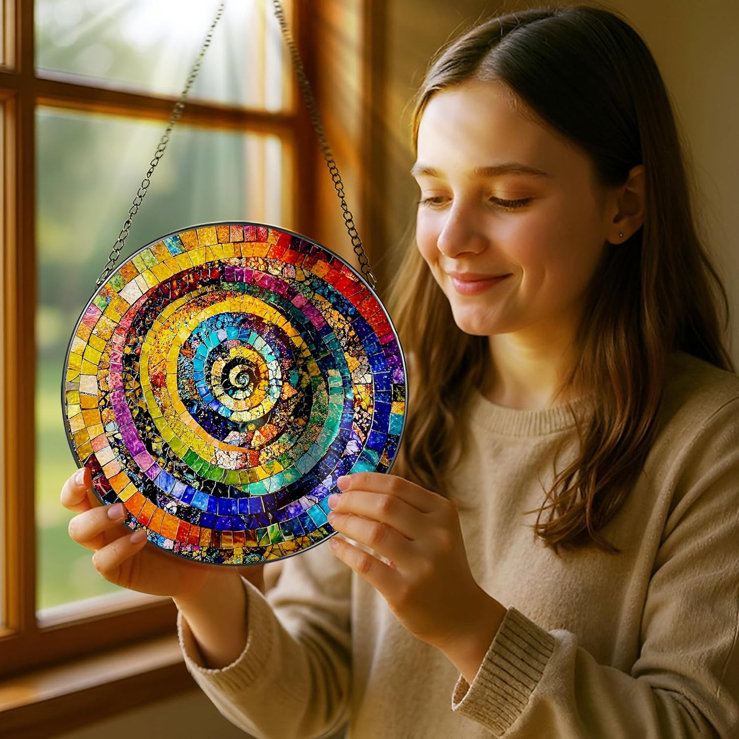 Stained Glass Window Hanging, Pauyadu 8 Inch Rainbow Spiral Stained Glass Suncatcher, Home Decor for Windows, Art Lovers Gifts, Christmas, Birthday Gift Ideas, Gifts for Best Friend, Lovers