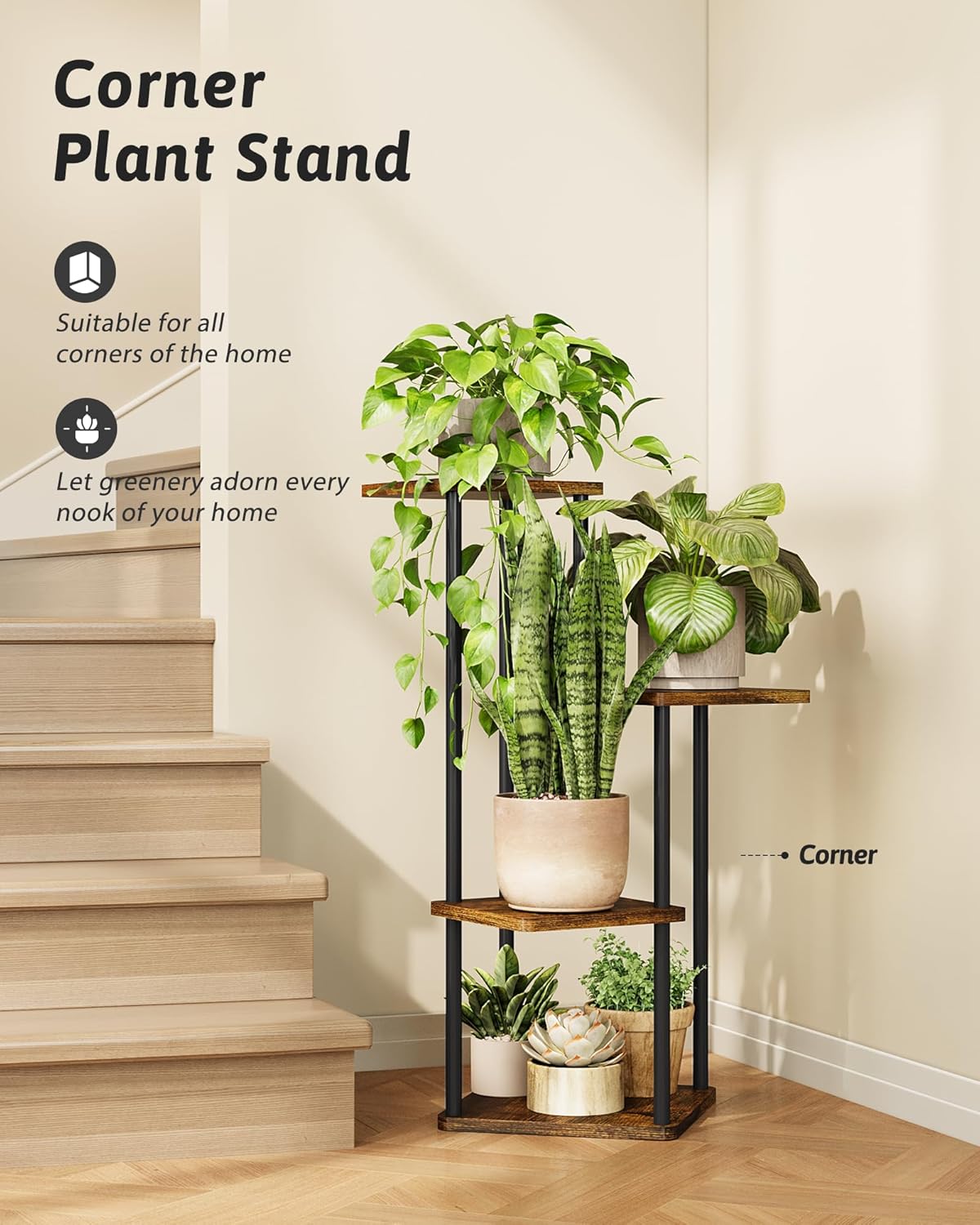 Tall Plant Stand Indoor 4 Tiered Plant Shelf for Multiple Plants Coner Shelf Stand Wood Plant Stand Metal Shelving for Living Room Bedroom Balcony Patio Brown Oak