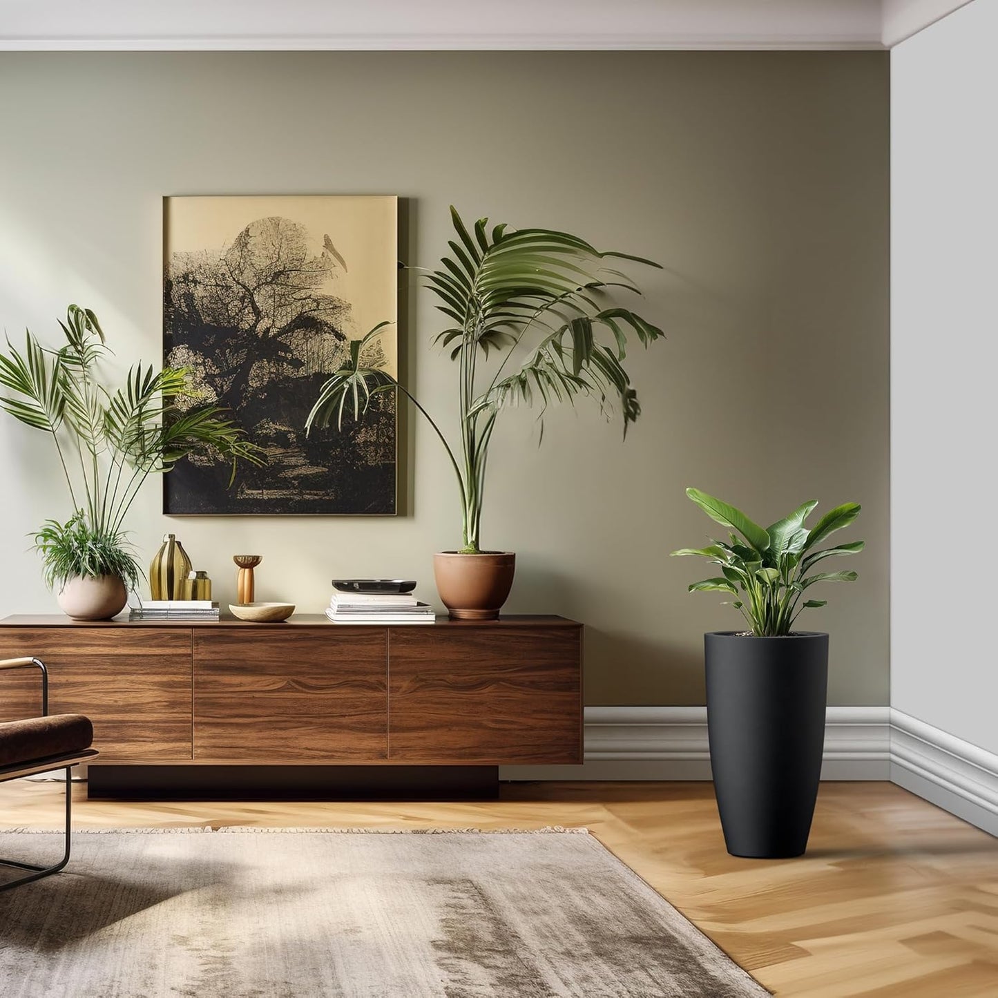 Kante 23.6" H Black Tall Planters (Set of 2), Large Outdoor Indoor Decorative Plant Pots with Drainage Hole and Rubber Plug, Modern Style for Home and Garden