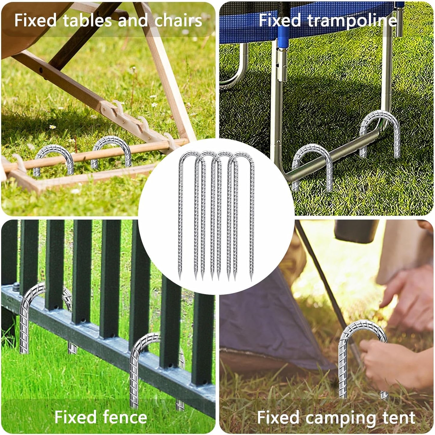 Rebar-Stakes-12-Inch-Galvanized, U Hook Trampoline Stakes 20 Pack Ground Anchors Tent Stakes Heavy Duty for Plants Anti-Rust Landscape Fabric Stakes Artificial Turf
