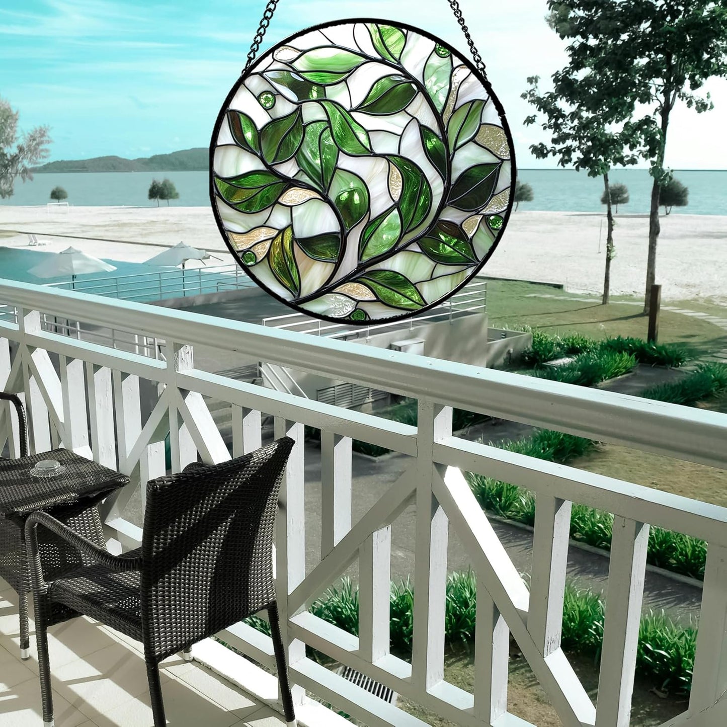 Stained Glass Window Hanging - White Green Leaves Suncatcher for Doors Window Home Plant Sun Catchers Decor Christmas Mother's Day Birthday Gifts for Teacher Women Men Mom Nana 7.8 in