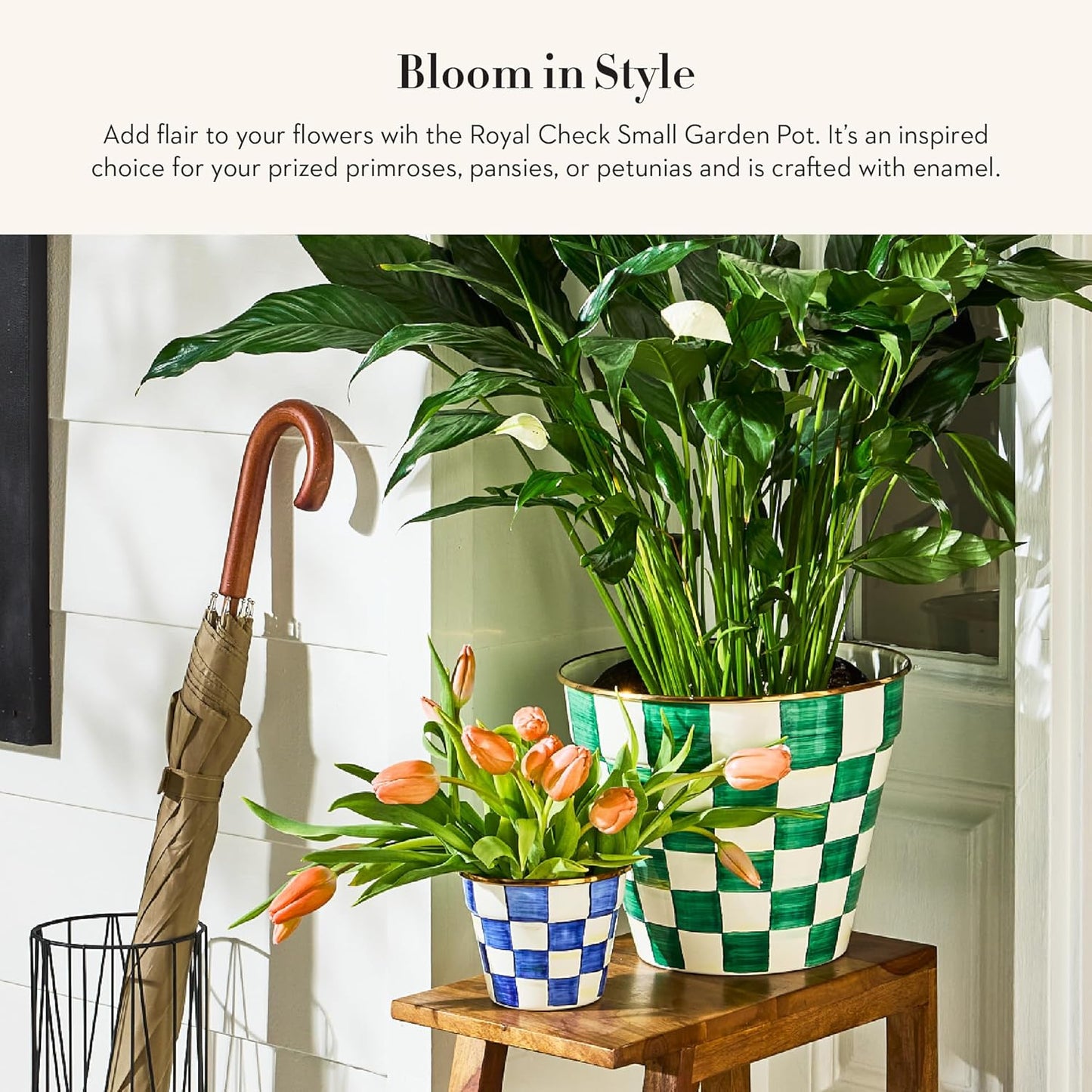 MACKENZIE-CHILDS Enamel Garden Pot, Decorative Pot for Plants, Outdoor Flowerpot Decor, Small, Blue-and-White Royal Check