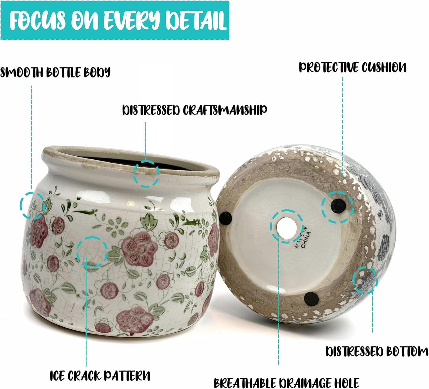 Vintage Ceramic Ice Crack Flower Pot with Drainage Holes, Country Rustic Planters for Indoor and Outdoor,Tuscan Decor,Home,Living Room, Garden Decor, Gardening Gift (Country)