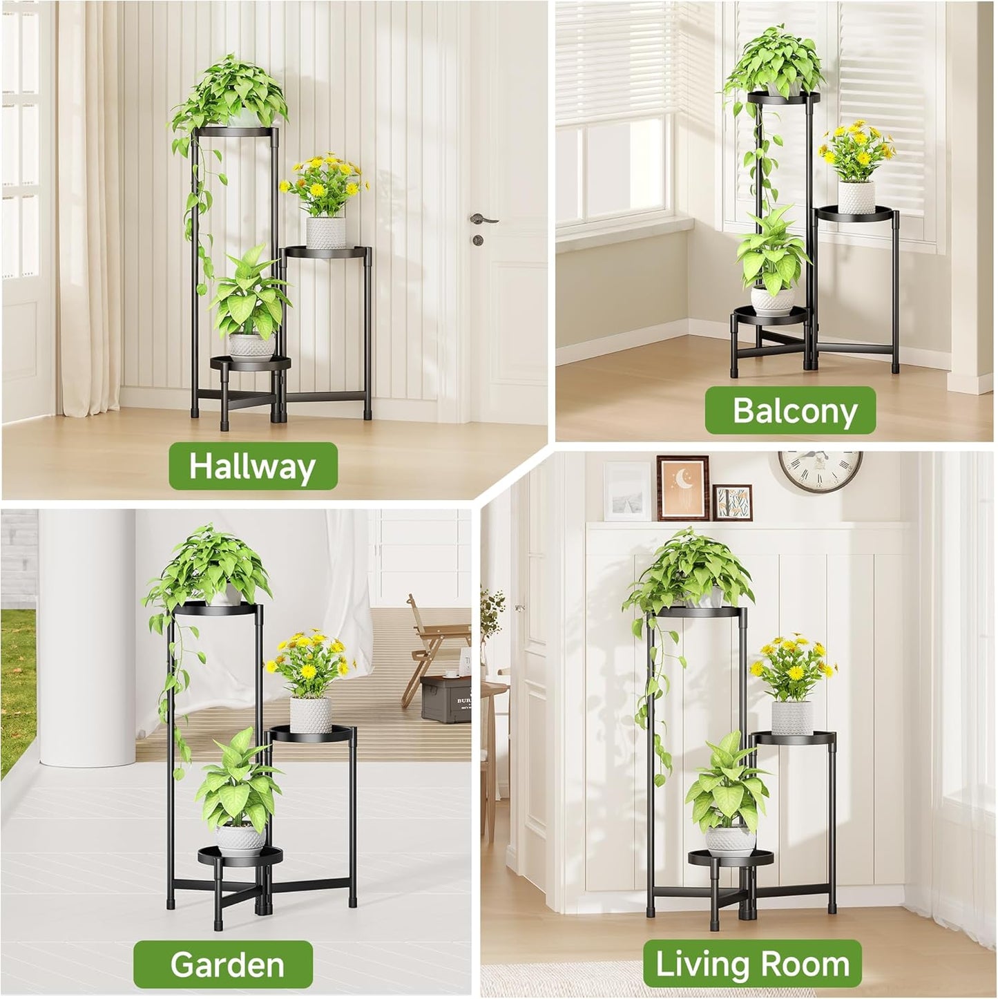 3-Tier Foldable Plant Stand, Corner Display Shelf for Multiple Plants, Indoor Outdoor Rack, Black