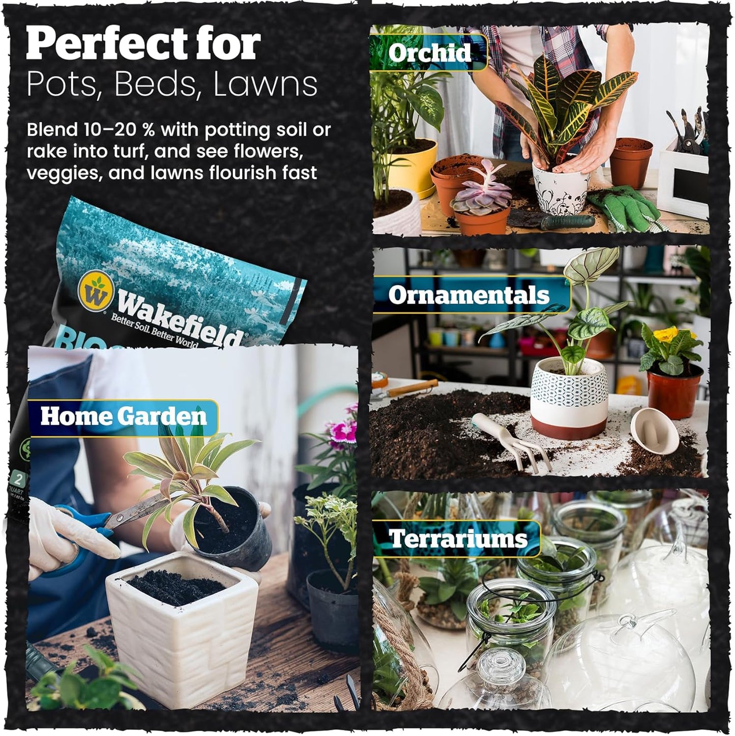 Wakefield Premium Organic Biochar Soil Amendment & Soil Conditioner – Certified Carbon-Negative Nutrient-Locking, Water-Efficient Bio Char for Plants & Lawns - Soil Amendments for Lawn - 2 Quart