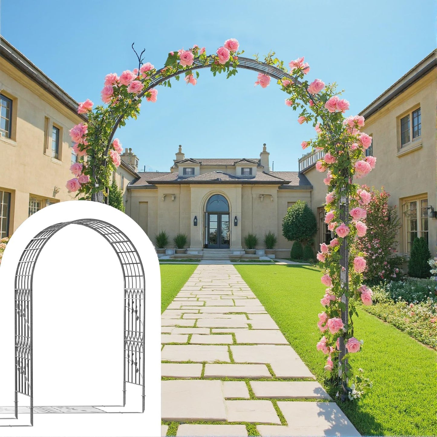 Metal Garden Arbor, 104.3” Tall Wrought Iron Archway for Climbing Plants & Flowers, British-Style Garden Trellis (Silver)