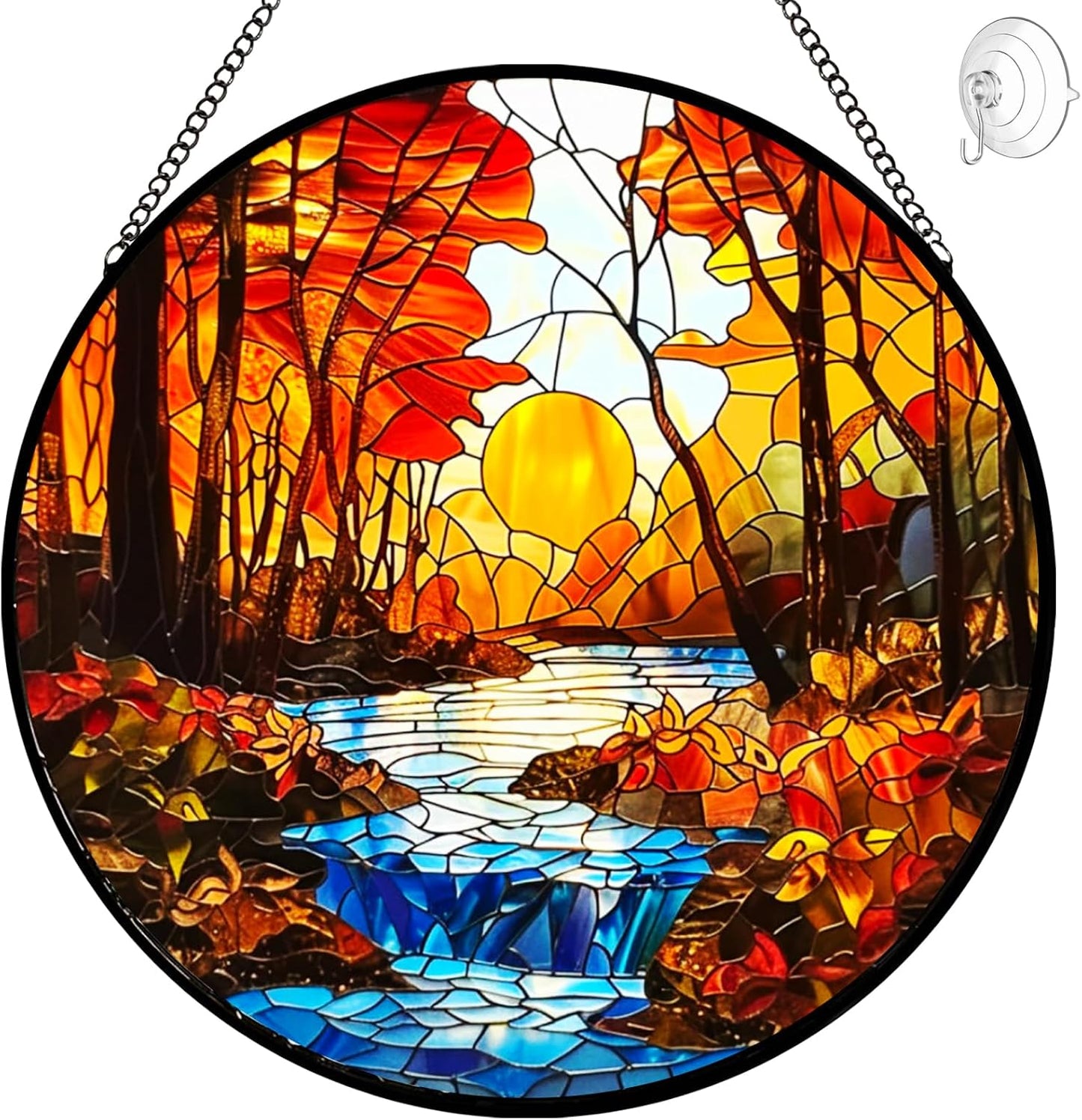 Fall Decor Sunset Suncatcher Stained Glass Window Hanging - Handmade Sun Catchers Indoor Window Decor with Tree and River - Stain Glass Christmas Decorations Panels - Birthday Gift for Women Men Mom