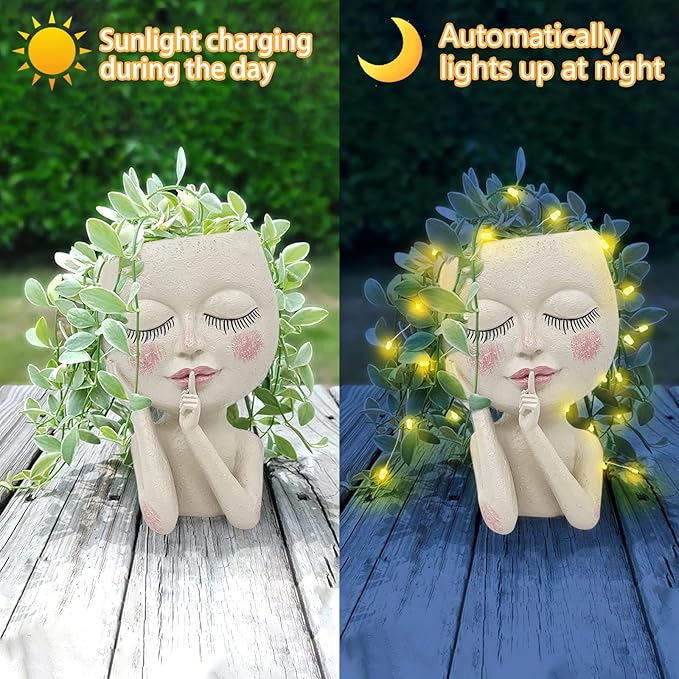 Solar Face Flower Pot,Head Planter Pot,with Led String Lights Succulent Planter Light,Warterproof Resin Cactus Planters,Cute Closed Eyes Lady Face Planter,for Indoor Outdoor Plant Garden Decor (Large)