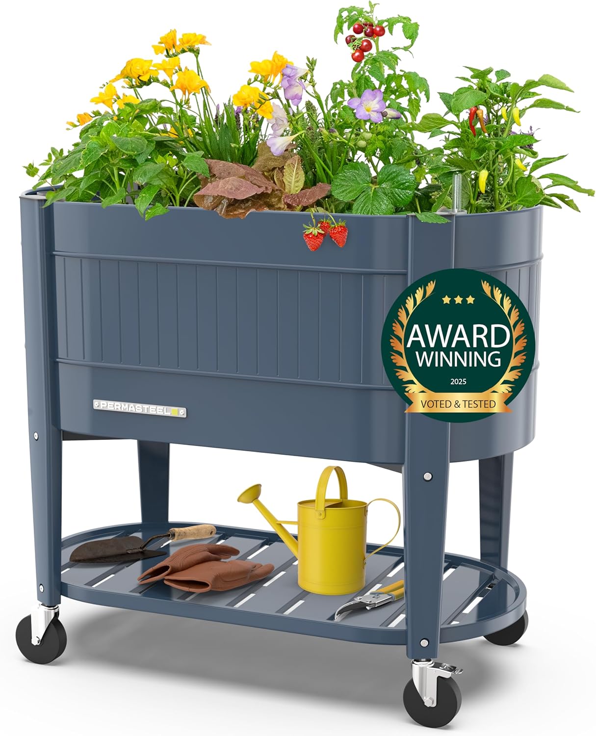 Permasteel Raised Garden Bed with Legs, 40×20×37 in, Planter Box with EnGrow™ TrueSoil™ Technology for Vegetables, Flowers, Herbs, and Fruit, Outdoor Indoor, Storage Shelf, Blue