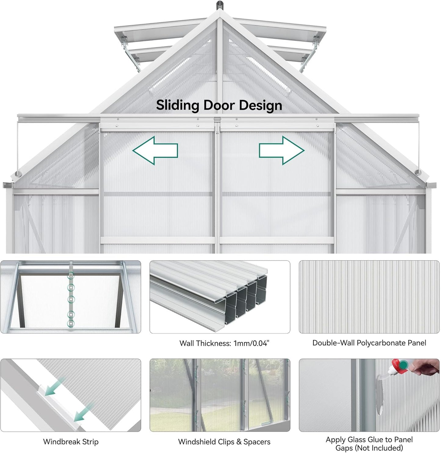 YITAHOME 10x8FT Polycarbonate Greenhouse Large Heavy Duty Green Houses Outdoor Aluminum Greenhouses with Sliding Doors Vent Window Walk-in Greenhouse for Garden Backyard, Matte Silver
