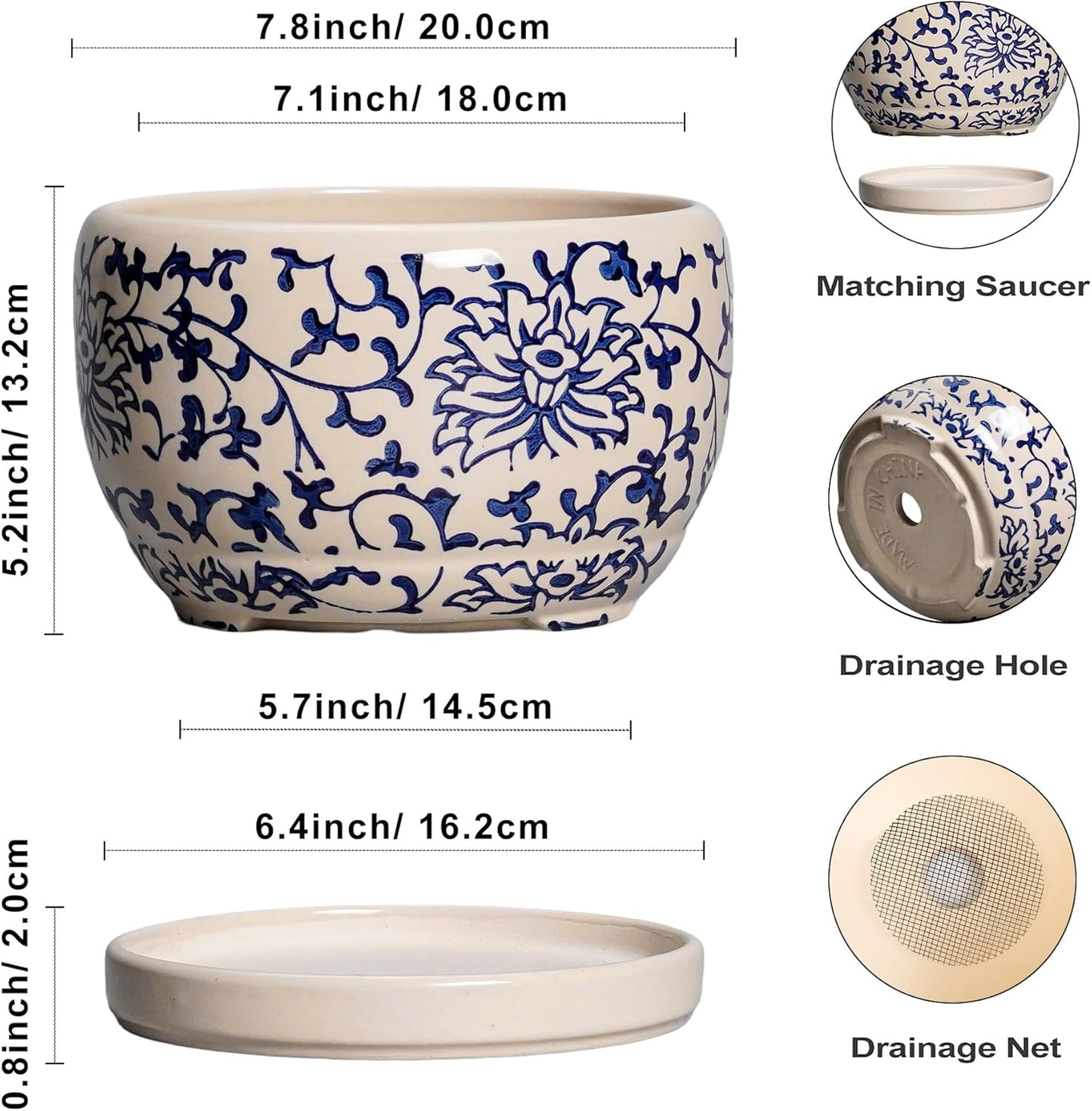 SQOWL Ceramic Planters for Indoor Plants - 8 inch Plant Pot with Drainage Hole and Saucer, Decorative Flower Pot Outdoor, Porcelain Round Planter, Living Room Decor, Gardening Gifts, Blue and Beige