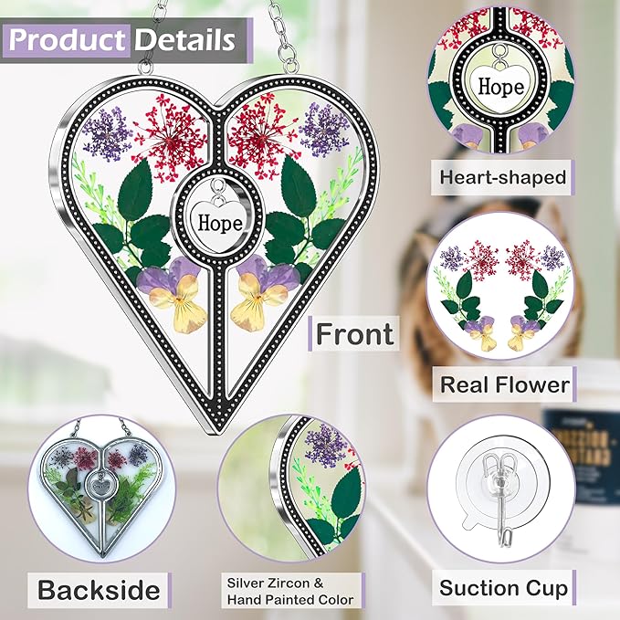 KY&BOSAM Heart Suncatcher Hope Stained Glass Panels for Windows Hangings Wind Chime with Pressed Real Flower Heart Embedded in Glass Friend Gifts- Birthday Gifts for Women Mother`s Day Christmas Decor