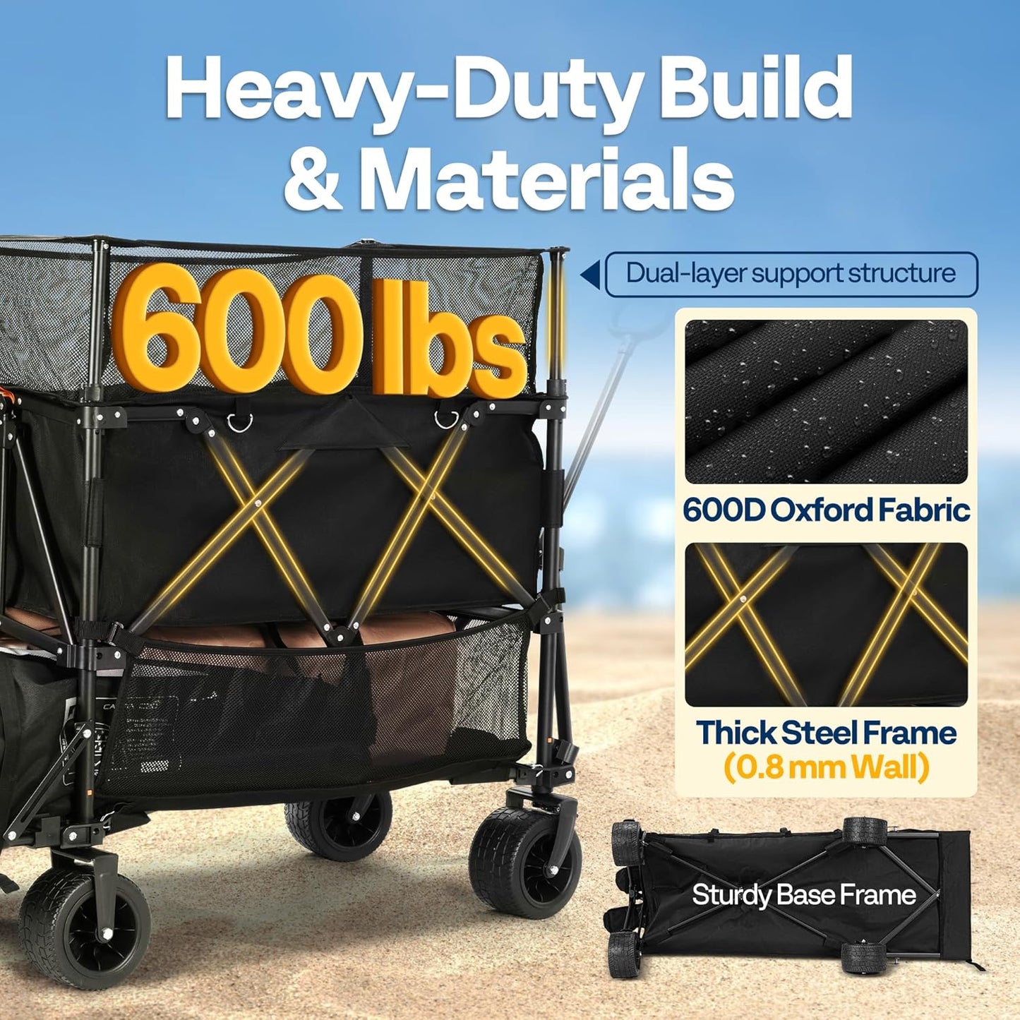 VIVOHOME 500L Large Capacity Double Decker Collapsible Wagon 500lbs Heavy Duty Utility Folding Cart with Big Wheels 53" Extended for Camping, Sports