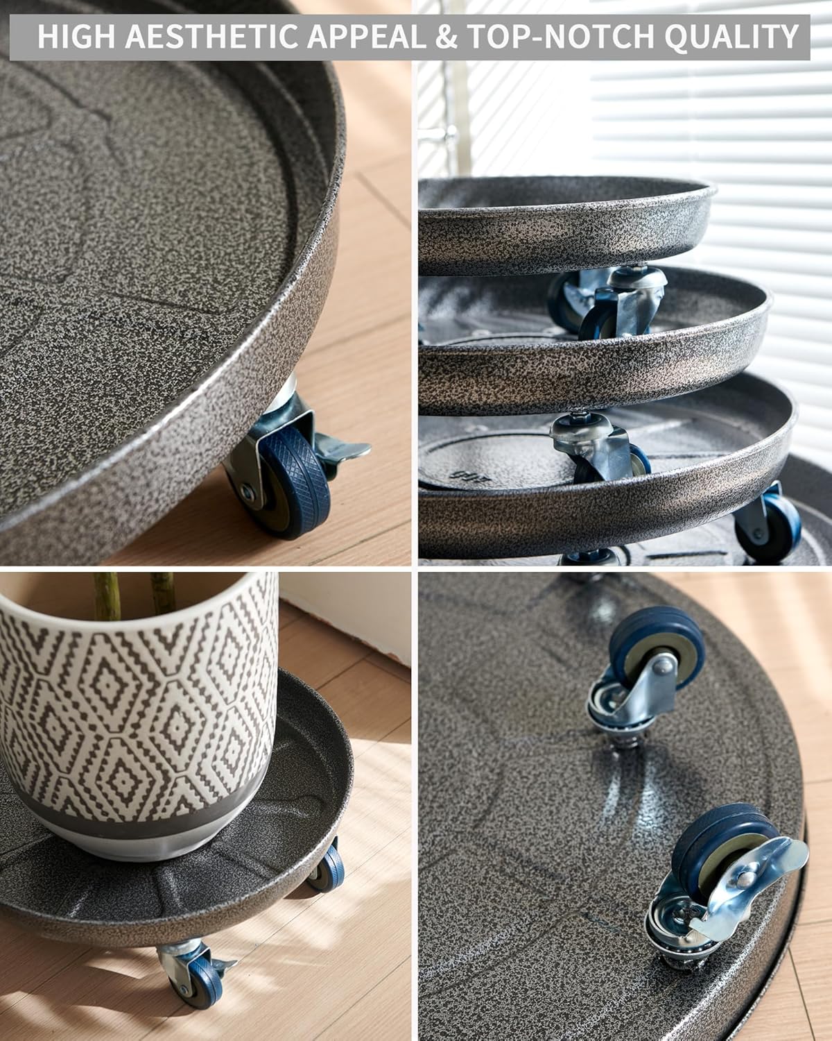 Choclaif Plant Caddy with Wheels,3 Pack Silver Heavy Duty Plant Stand with Universal Wheels,Round Pot Trolley for Indoor Outdoor 16inch